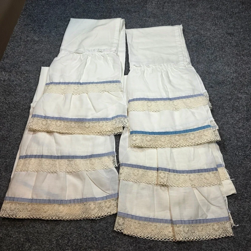 Vintage Style White Ruffled Cafe Curtains Lace Trim Blue Ribbon 4 Panels 35x28